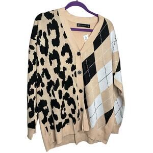 New York & Company Oversized Cardigan Argyle Animal Print Multicolor Size L NWT